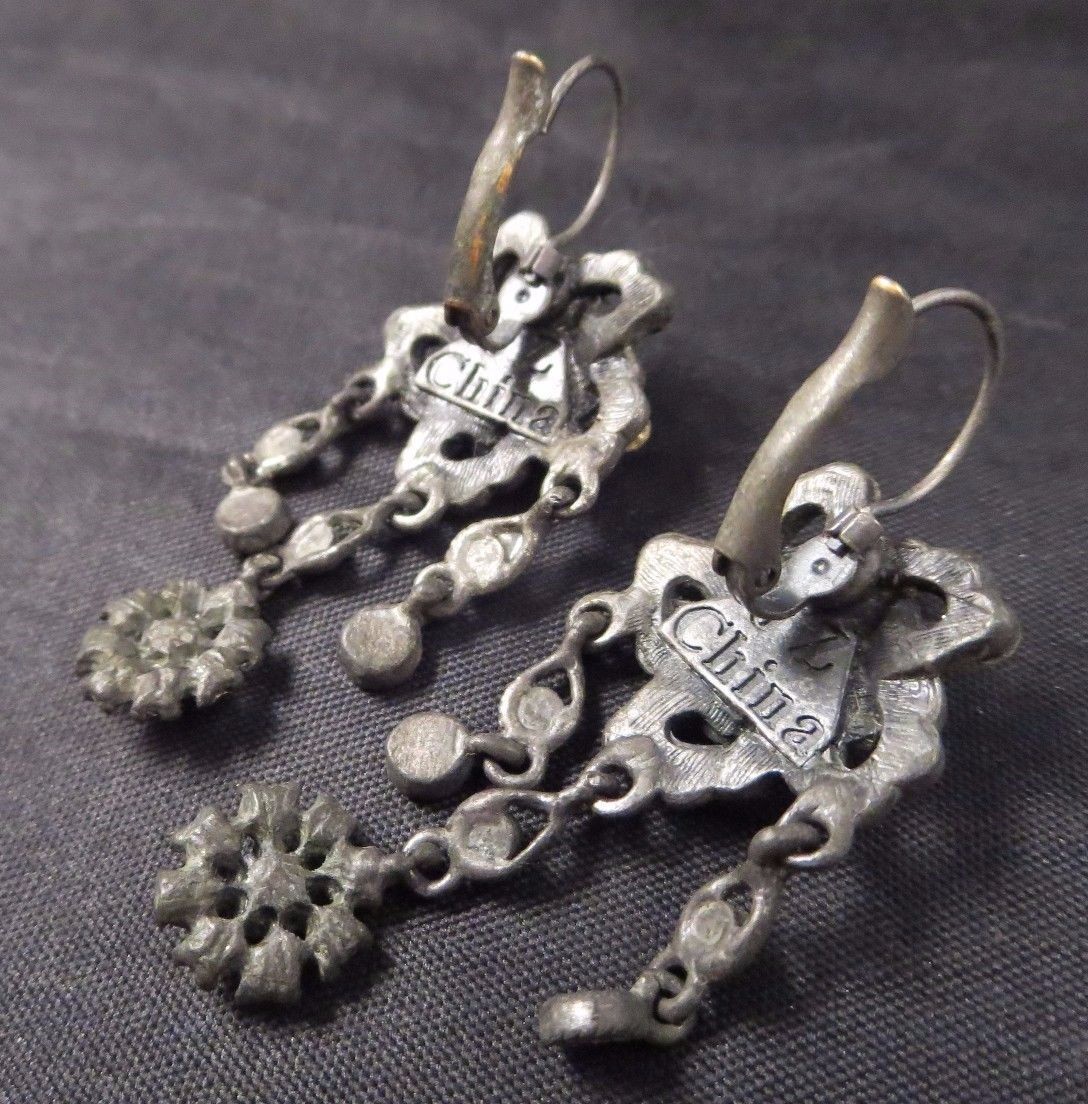 Vintage JZ China Signed Clear Rhinestone Dangle Flower Lever Bk Pierced Earrings