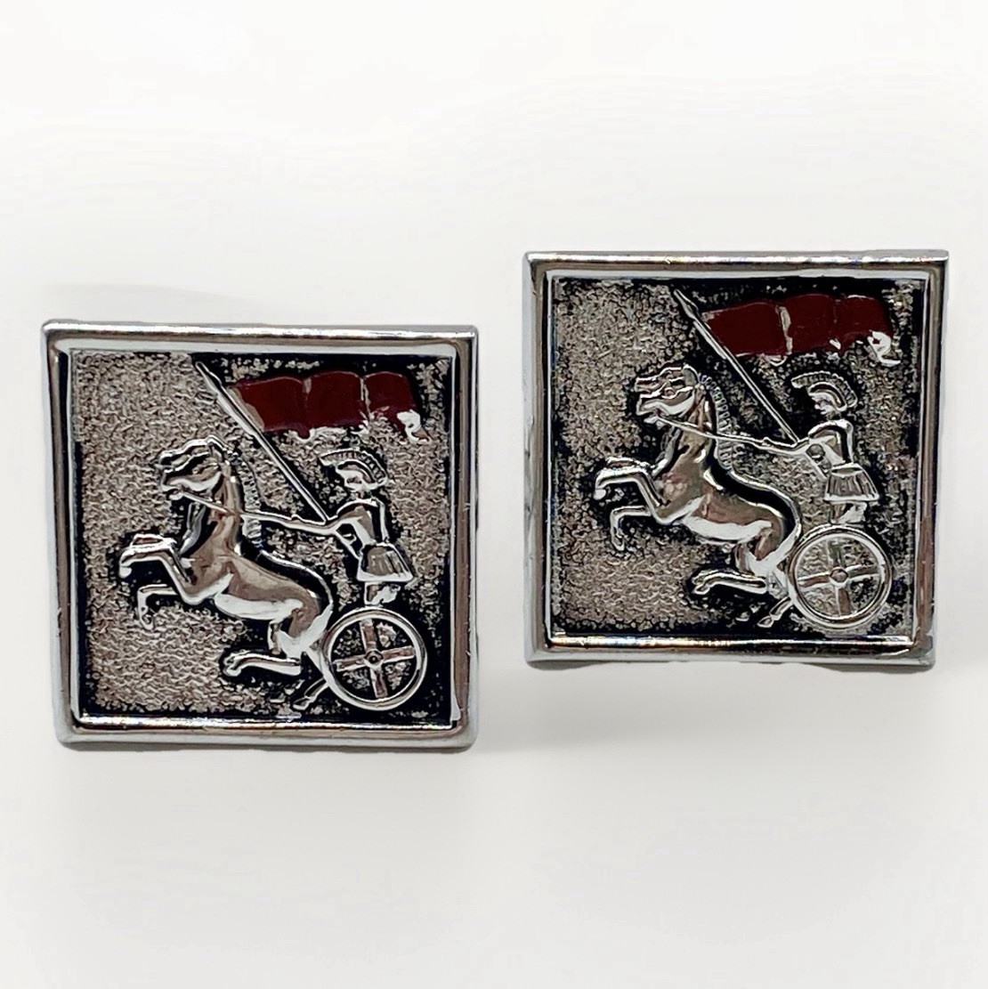 Vintage Swank Roman Chariot Cufflinks Red Enamel Gladiator Horse Figural