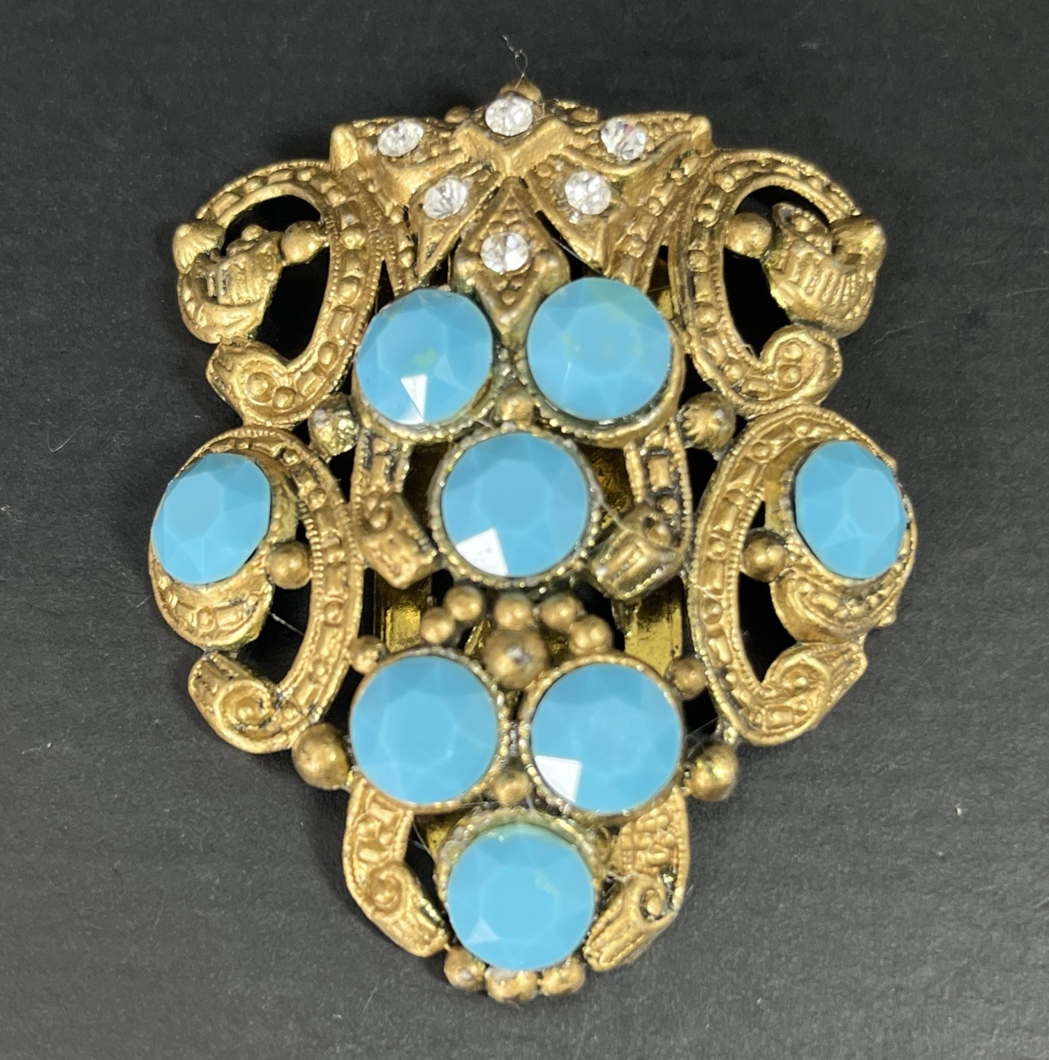New England Glass Works Dress Clip Turquoise Rhinestone Gold NE Antique Vtg
