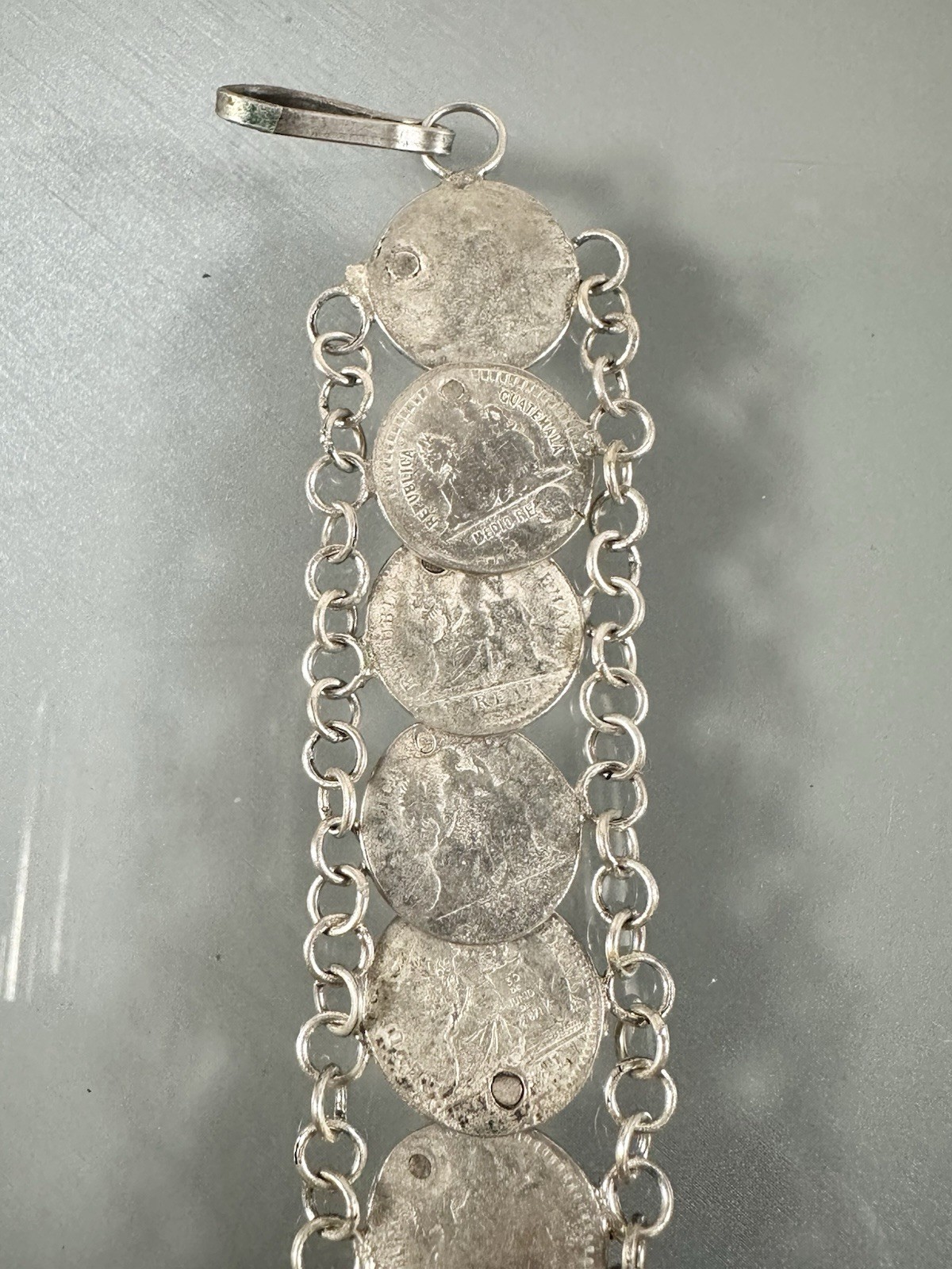 Antique 835 Silver 1800s Guatemala Coins Charm Bracelet 7” Inches