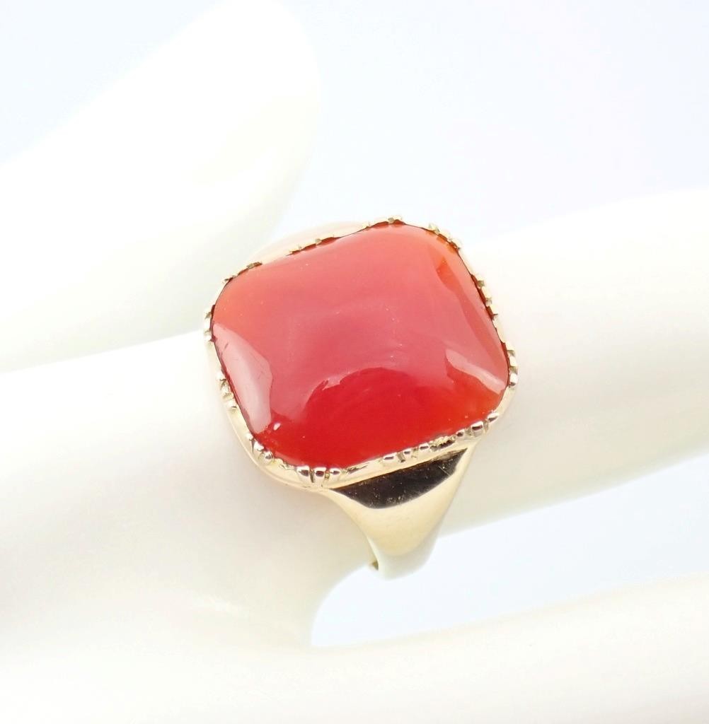 Glowing Antique Victorian DEAKIN & FRANCIS 9K Gold Carnelian Sugarloaf Ring Sz 7