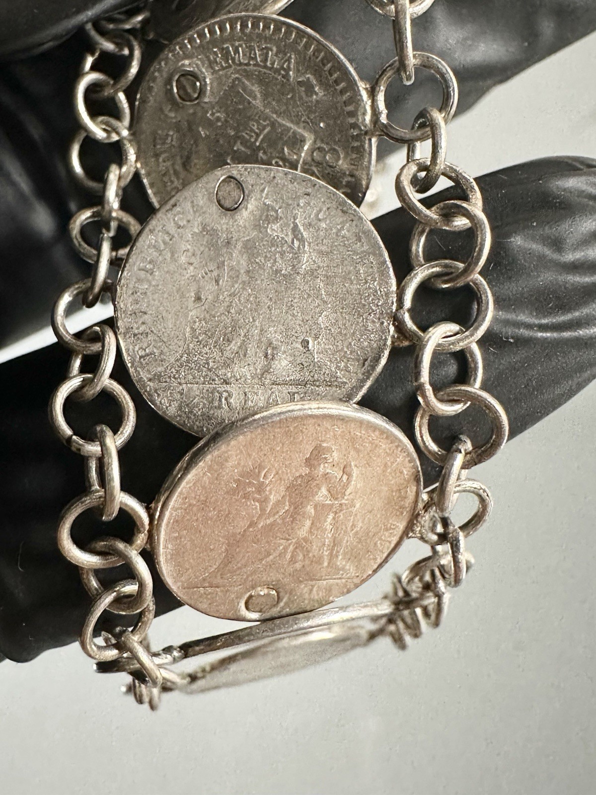 Antique 835 Silver 1800s Guatemala Coins Charm Bracelet 7” Inches