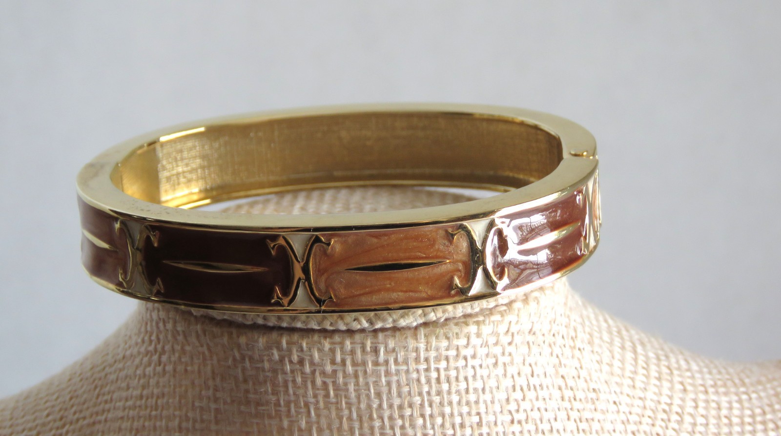 Bracelet Hinged Cuff Gold Tone with Brown Tan Cream Enamel Retro