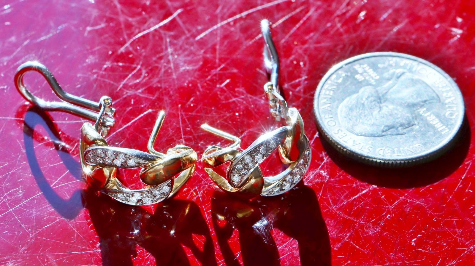 18k 750 multi tone gold earrings 0.35c natural diamond 0.72″ dangle 12.30g N3308