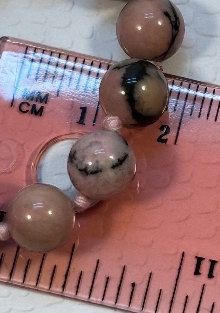 Vintage Pink/Black Rhodonite 8mm Beaded 30” Necklace Hand Knotted Silk No Clasp