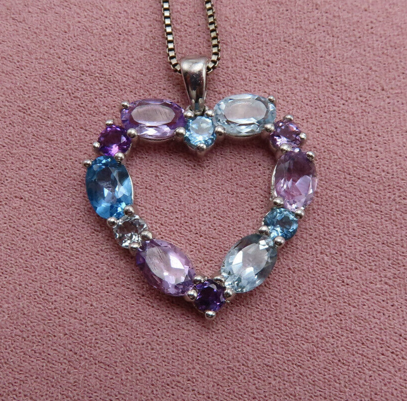 Vintage Sterling Silver Necklace Heart Pendant Purple Blue Topaz Gemstones 313c
