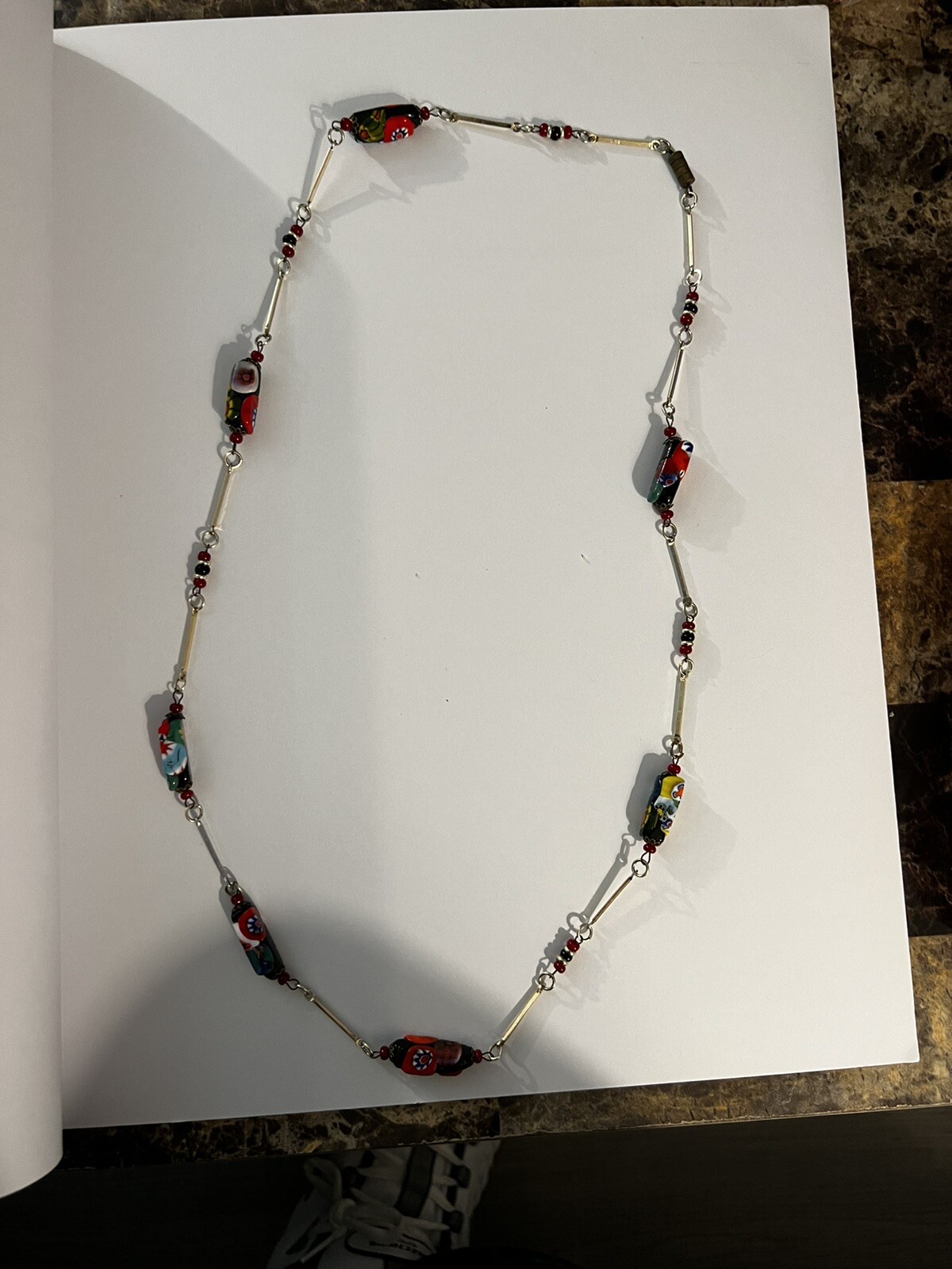 Vintage Rectangular Millefiori Bead & Gold Tone Bar Link Chain Station Necklace