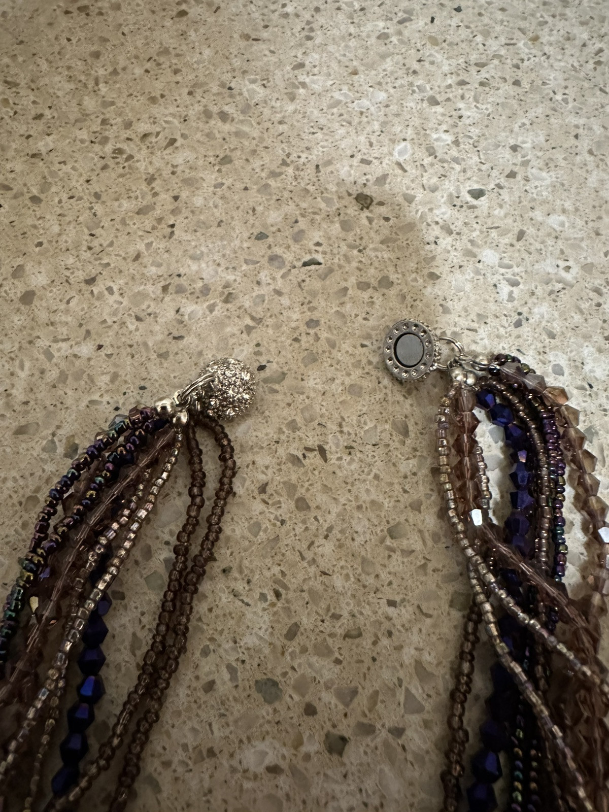Vintage Necklace 8 Strands With Blue Peacock Purple Beads Magnetic Clasp 18″
