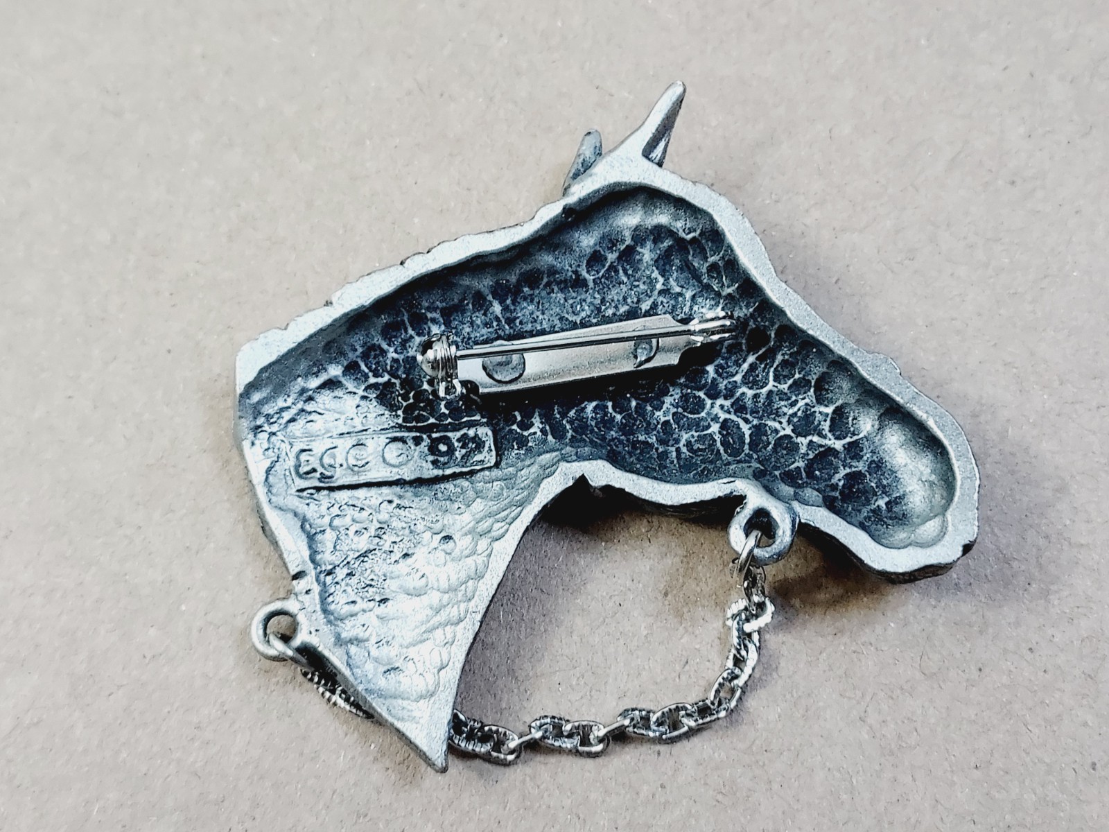 Equestrian Pewter Horse Head Brooch W/Chain Created by Ege Pewter Co. 1992