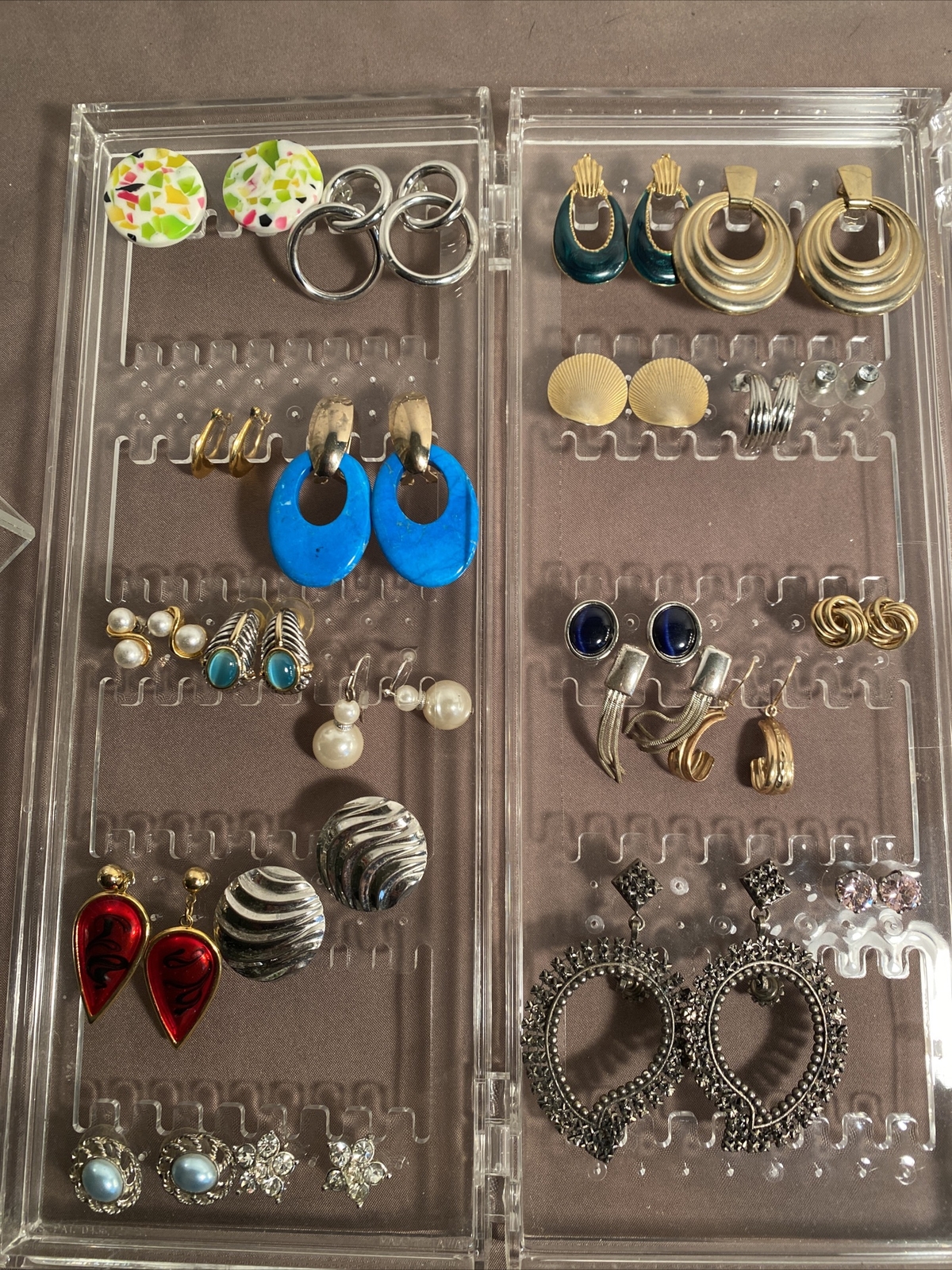 Vintage Lot 60 Pairs Earrings, 15 Necklaces & Acrylic Displays Monet, Avon