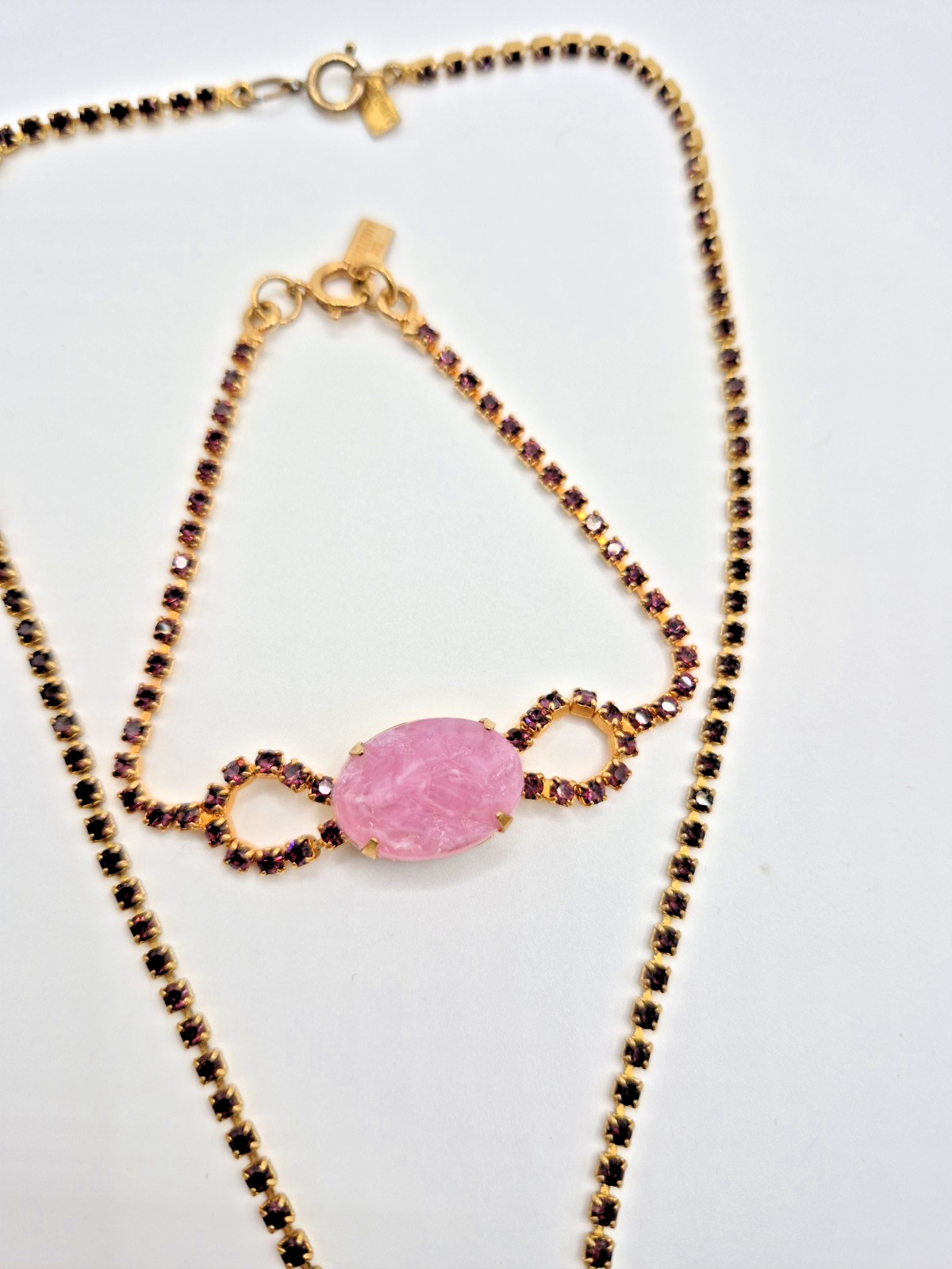 VTG CELEBRITY NY Necklace Bracelet Pink Geode/Pink Druzy w/ Purple Rhinestones