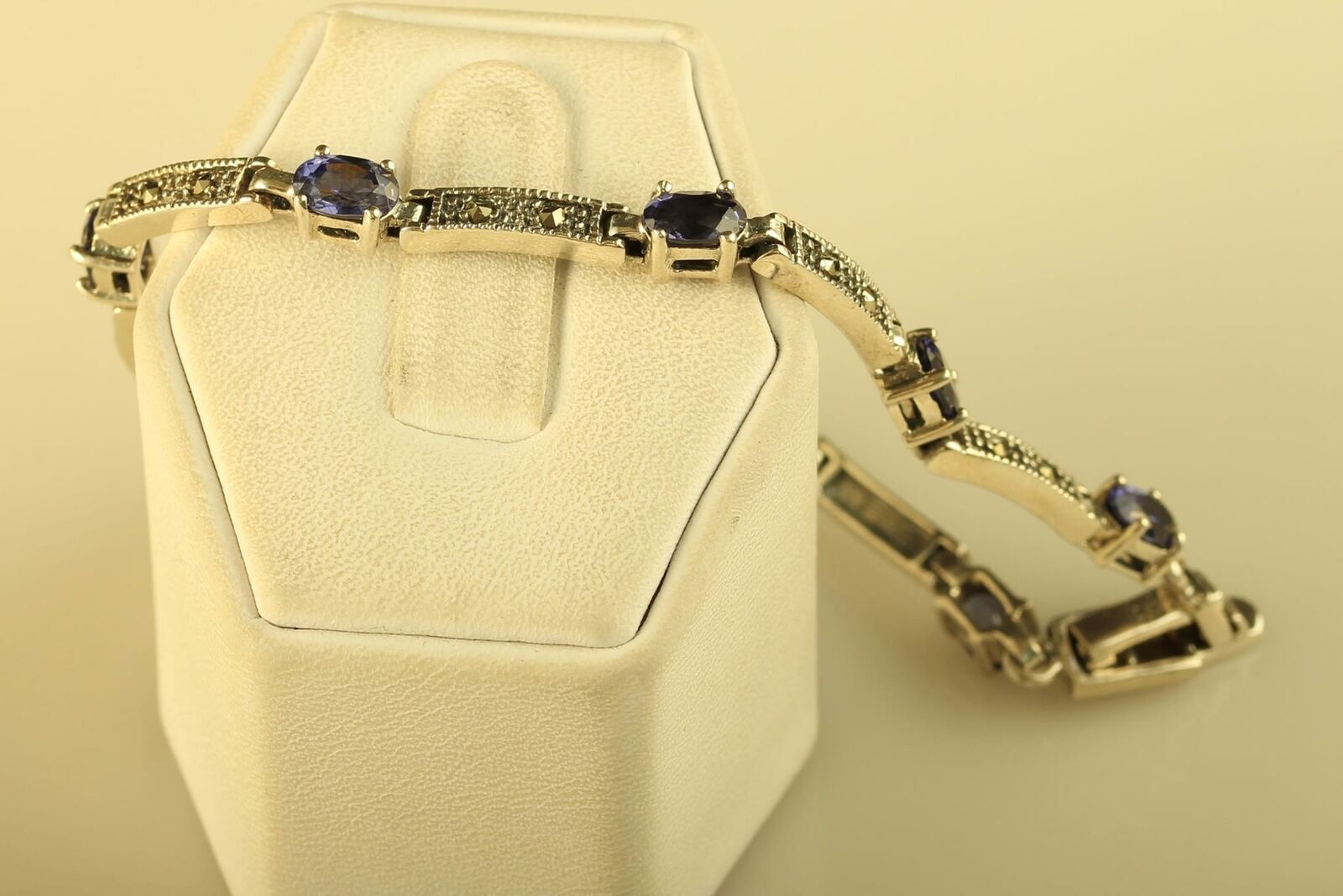 Vintage Sterling 925 CW Charles Winston Amethyst & Marcasite Panel Link Bracelet