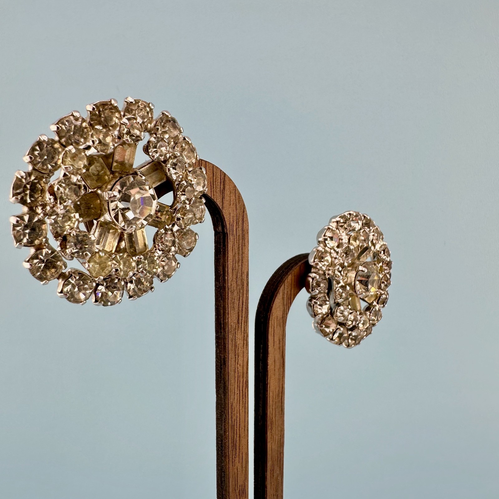 Vintage Rhinestone Earrings Silver Tone Round Cluster Baguette Prong Set Clip On