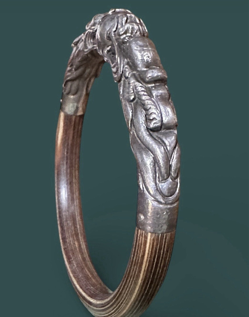 VTG Chinese Sterling Silver and Bamboo Double Dragon Bracelet/Bangle 7.5”