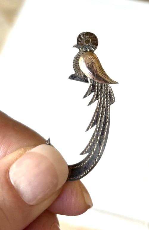 900 Sterling Guatemala QUETZAL BIRD Pin, 10k Rose Gold Wing, 2g, 1870, 1.75″