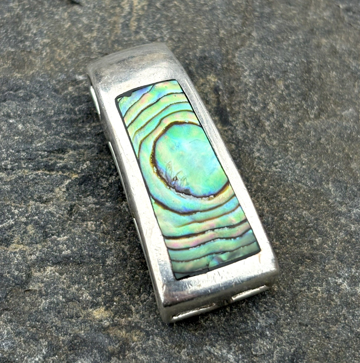 Vtg Sterling Silver Abalone Paua Shell Rectangle Bar Drop Modernist Pendant RARE