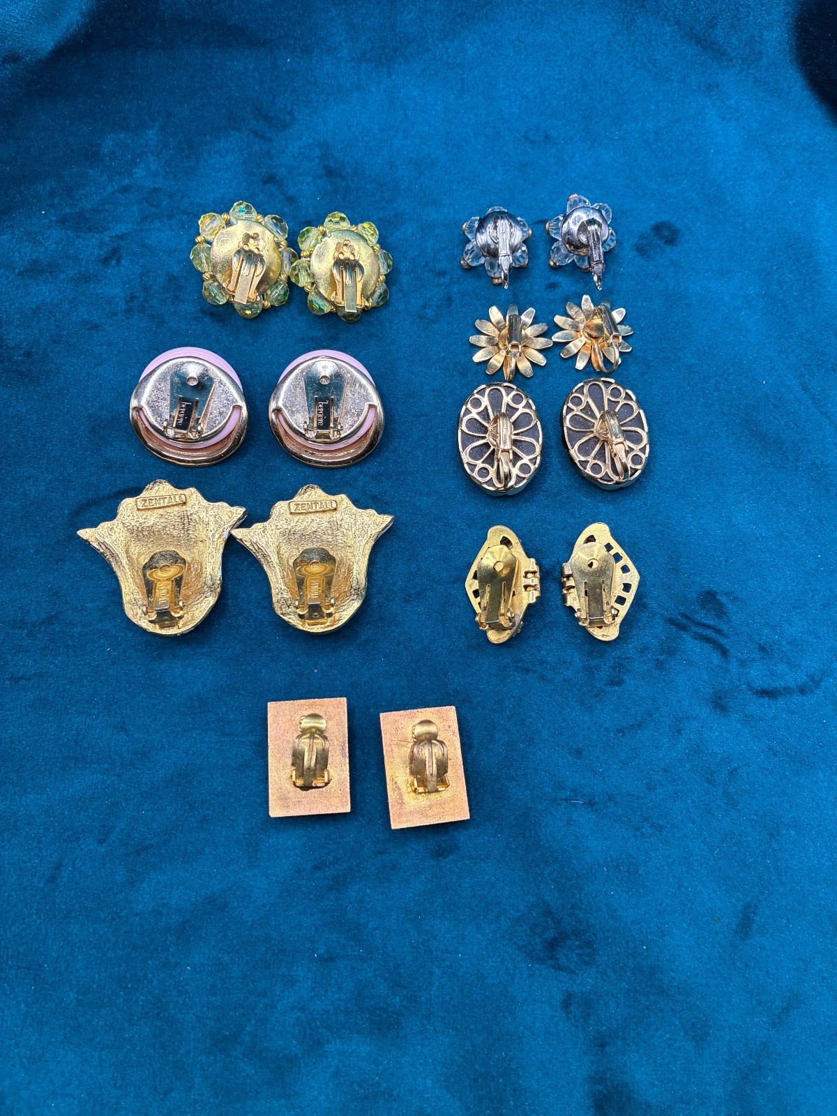 VTG Gold Tone Earring Lot 7 Clip On Zentall Bergere Unmarked AB Rhinestone READ