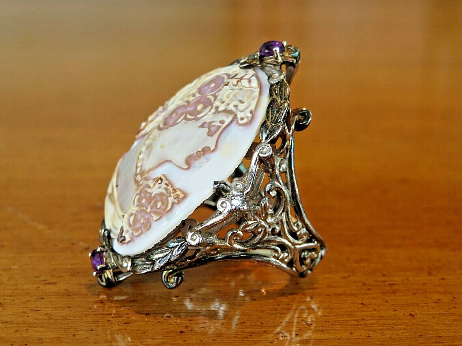 VINTAGE STERLING SILVER CARVED CAMEO AMETHYST RING SIZE 7 39X28MM