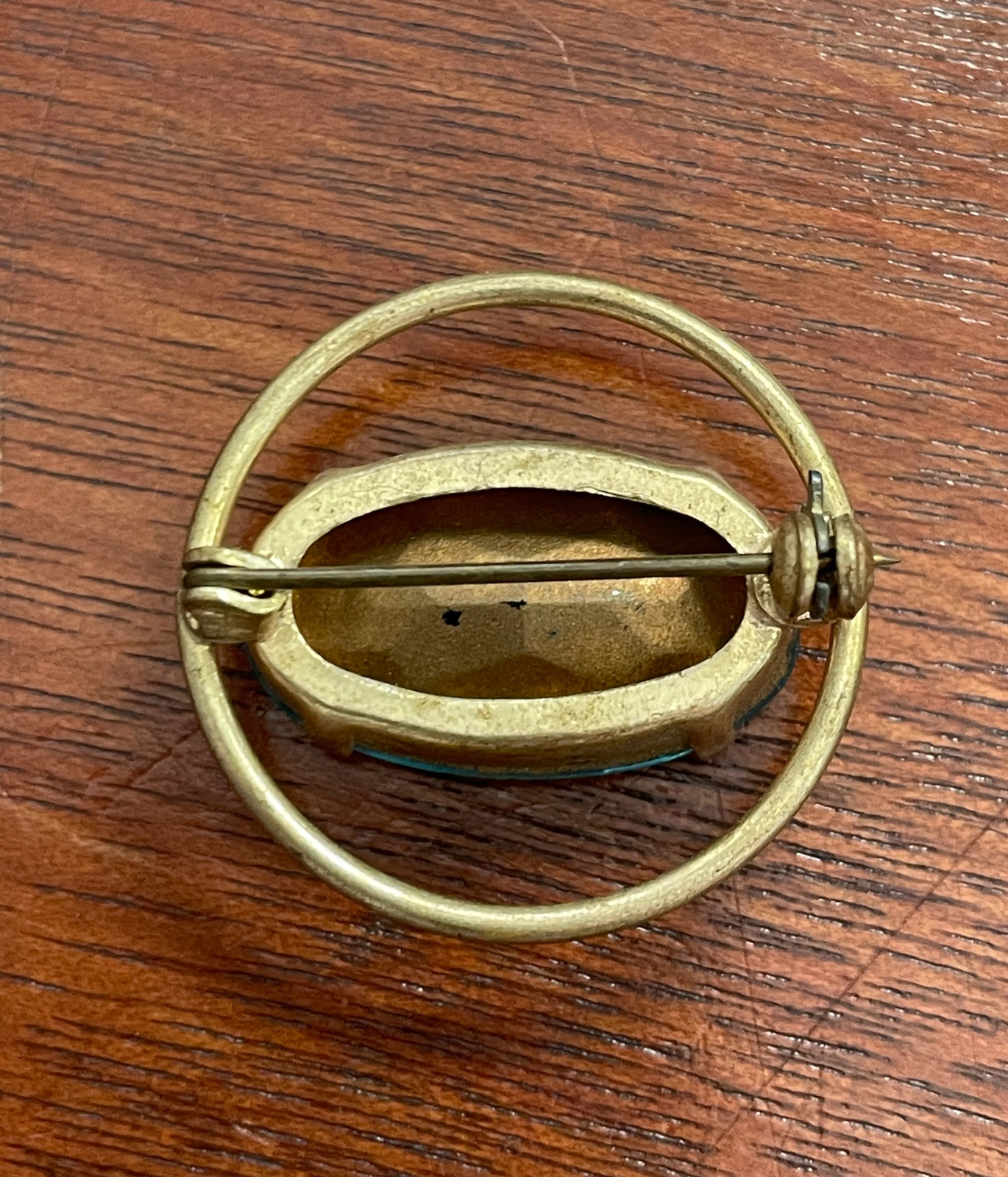 Vintage Gold Tone Brooch Circle With Large Light Blue Teal Glass Stone Gold Foil