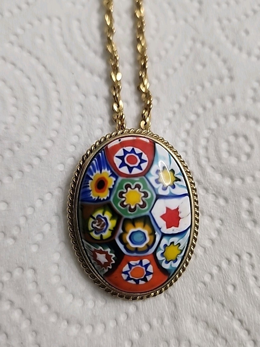 Signed LR Necklace with Millefiore Style Pendant Gold Tone With Chain