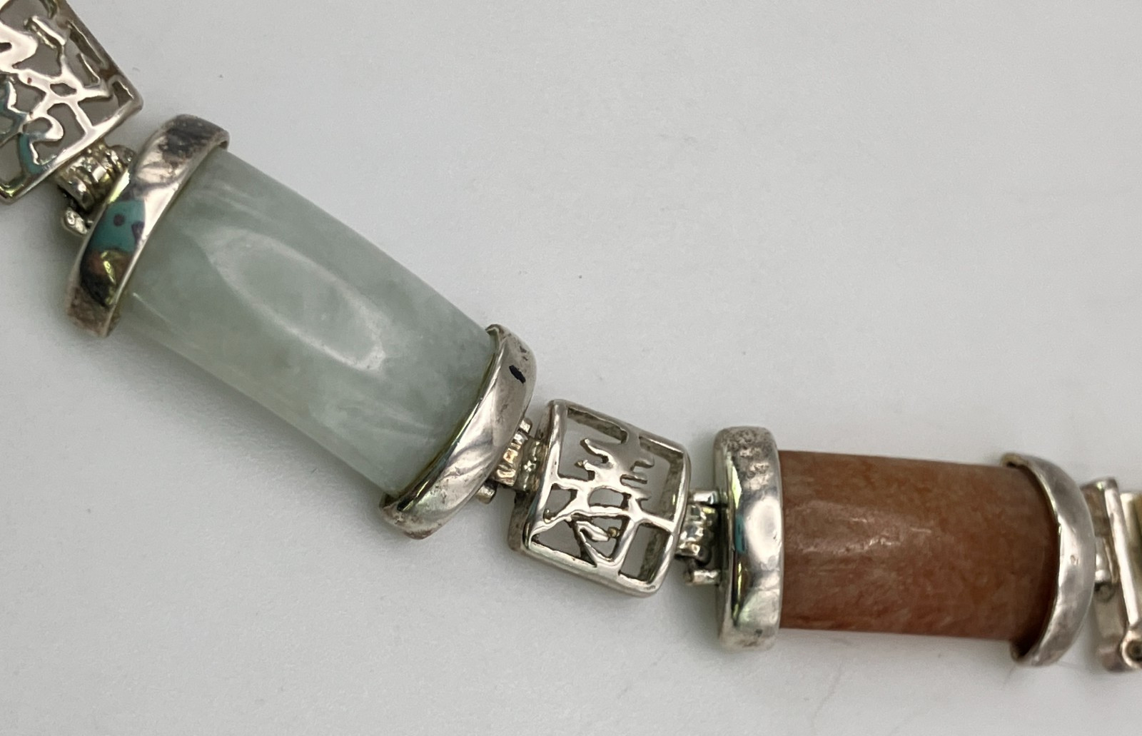 DBJ Dee Berkley Sterling Silver Chinese Character 7.5 Inch Jade Link Bracelet