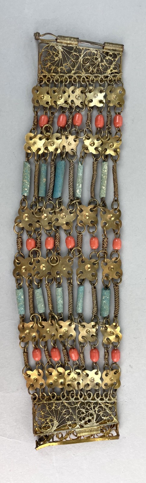 Antique 1920s Egyptian Revival Bracelet Gilt with Coral & Turquoise Beads 7.25in