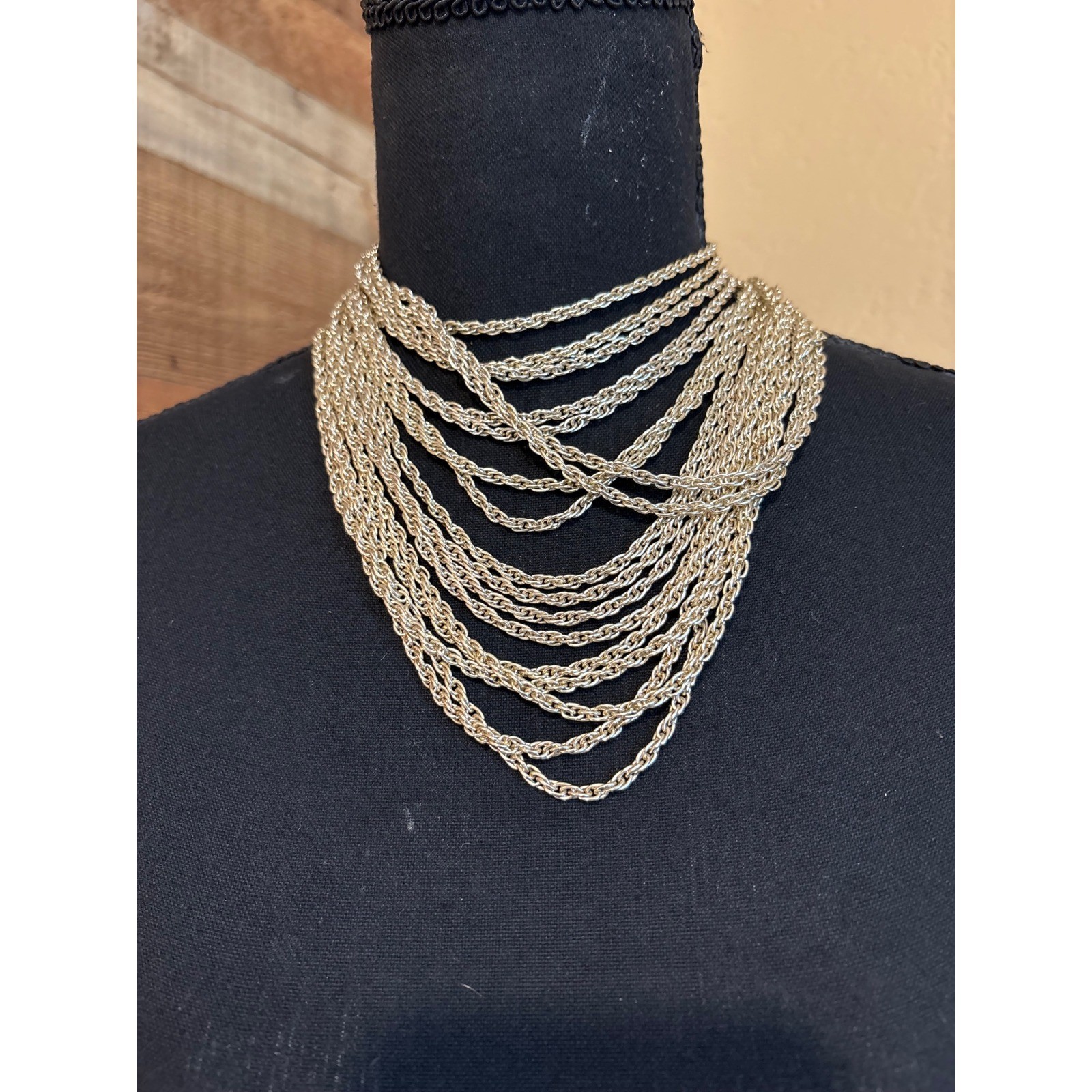 Vintage Silver Multi 6 Strand Chain Necklace Layered Statement Hook Closure J124