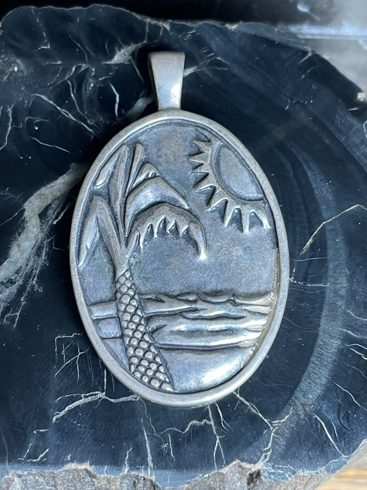 Sterling Silver Coleman CCO Palm Tree Chip Inlay Tropical Pendant 42mm x 25mm