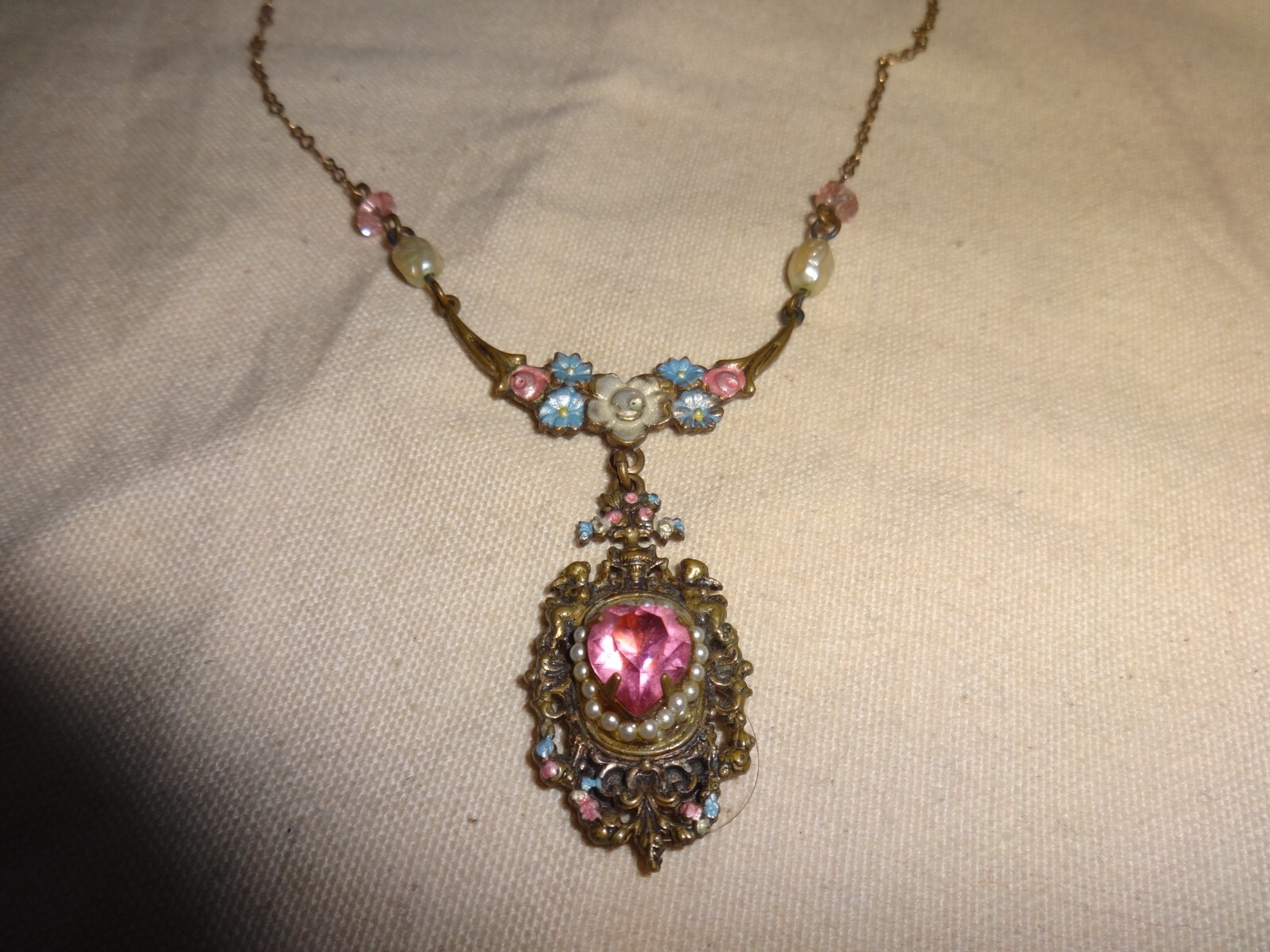 VTG Top Shelf Jewelry Dangle Rose Flower Guilloche Enamel Necklace 16″