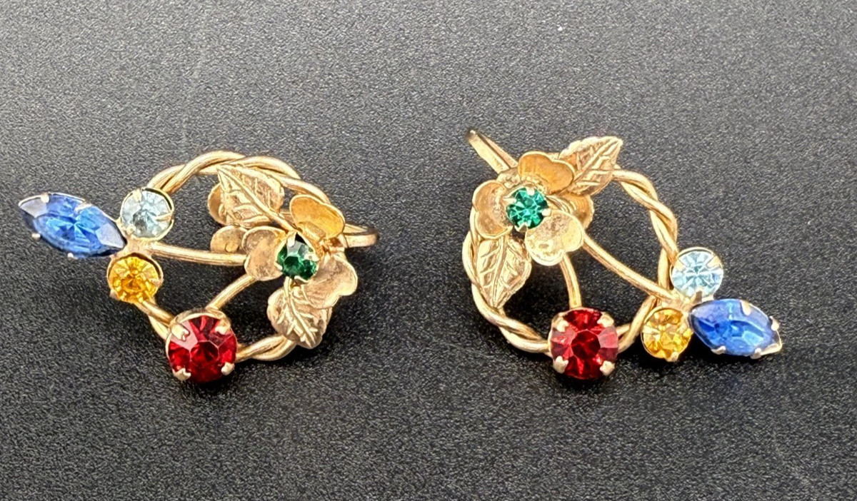 Vintage Austrian Earrings Blue Red Green Rhinestone Gold Tone Screw Back