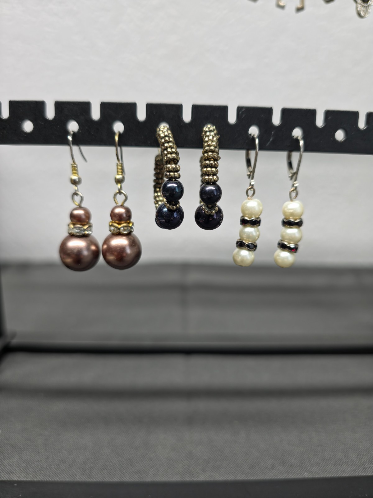 Lot of 3 Vintage Pearl Dangle Earrings Rhinestone Rondelle Hoop Latch Leverback