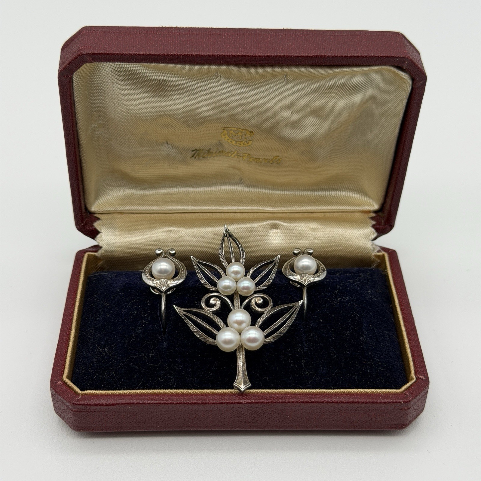 Vintage Mikimoto Sterling Silver Pearl Brooch & Earrings Set – Original Box – M