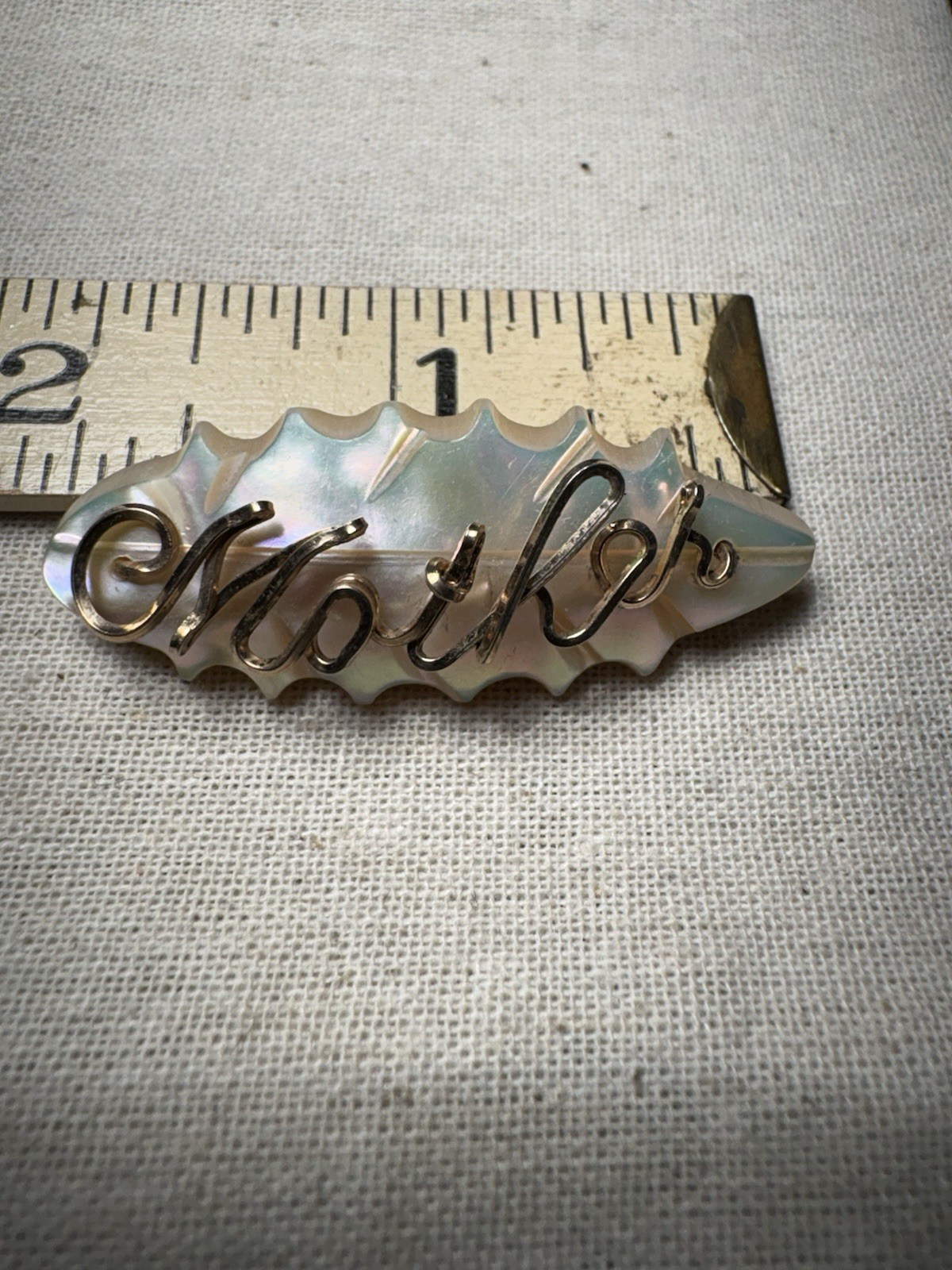Vintage 1930s-1950s Mother of Pearl ‘Mother’ Brooch Gold Wire Script PAT #