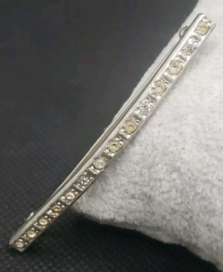 Antique 1920s Fishson Silverite Rhinestone 2.5″ Curved Bar Brooch / Pin C Clasp