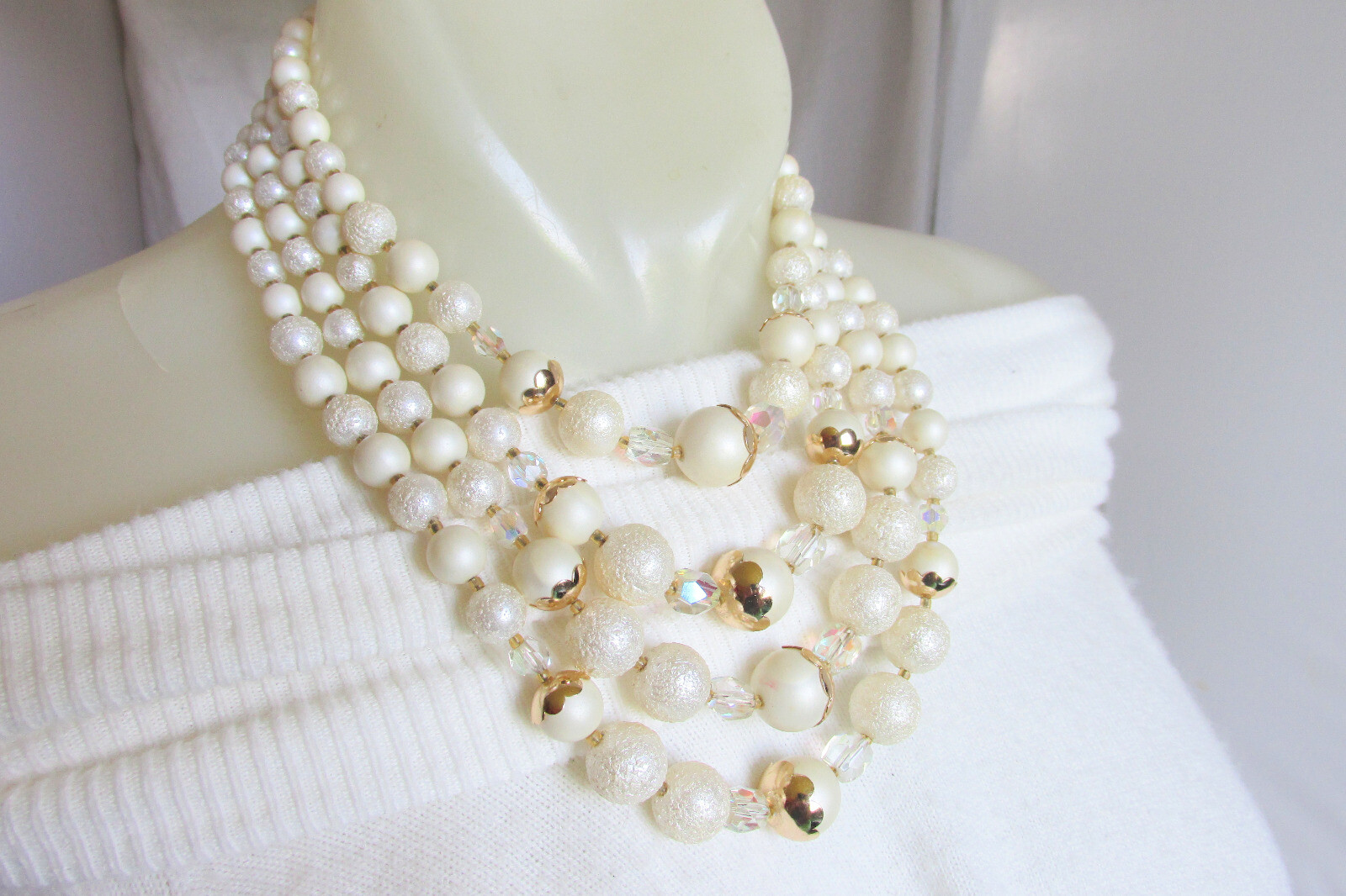 Cream AB Crystal Beads Bib Choker Necklace Textured Satin Vintage Retro JAPAN