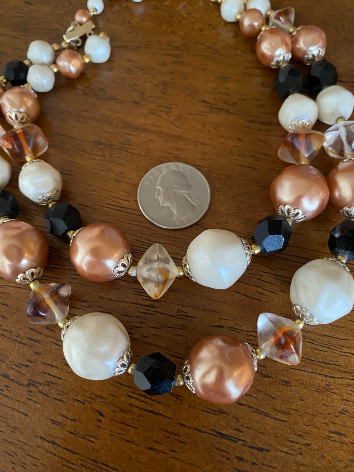 Vintage Japan 2 Strand Necklace Glass & Pearls Black White Brown