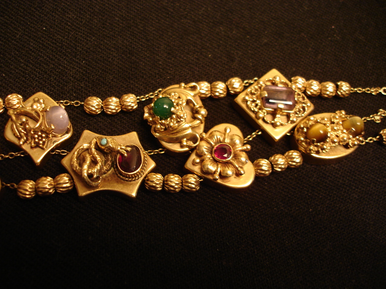Antique Victorian Vintg Heavy Solid 14K Gold Slide Charm Bracelet 62gr Slides