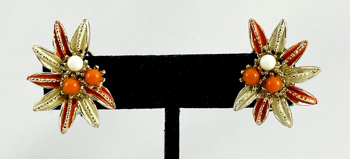 Vtg PAKULA Earrings Orange Cream Floral Burst Enamel Gold Tone Clip