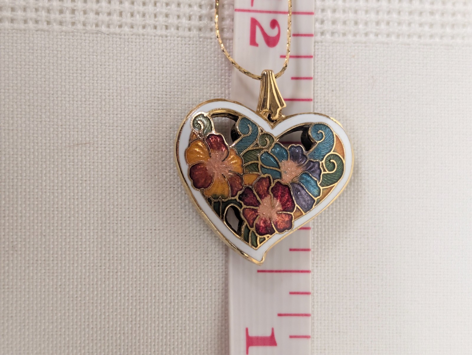 Vintage Cloisonne Puffy Two Sided Heart Floral Pendant Gold Toned Chain Necklace