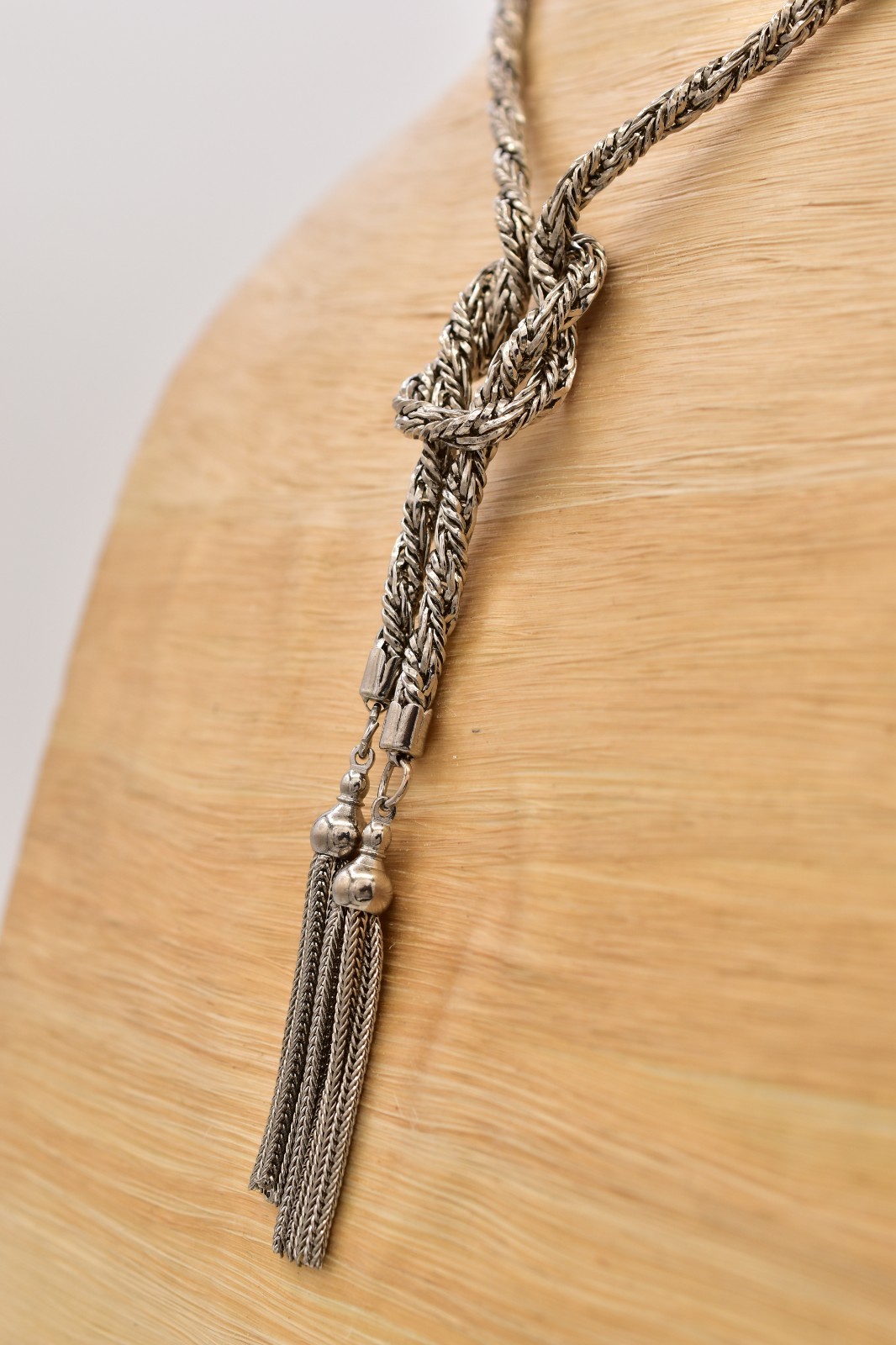 Vintage Silver Rope Knot Tassel Chain Necklace Statement Pendant 1980s BinBE
