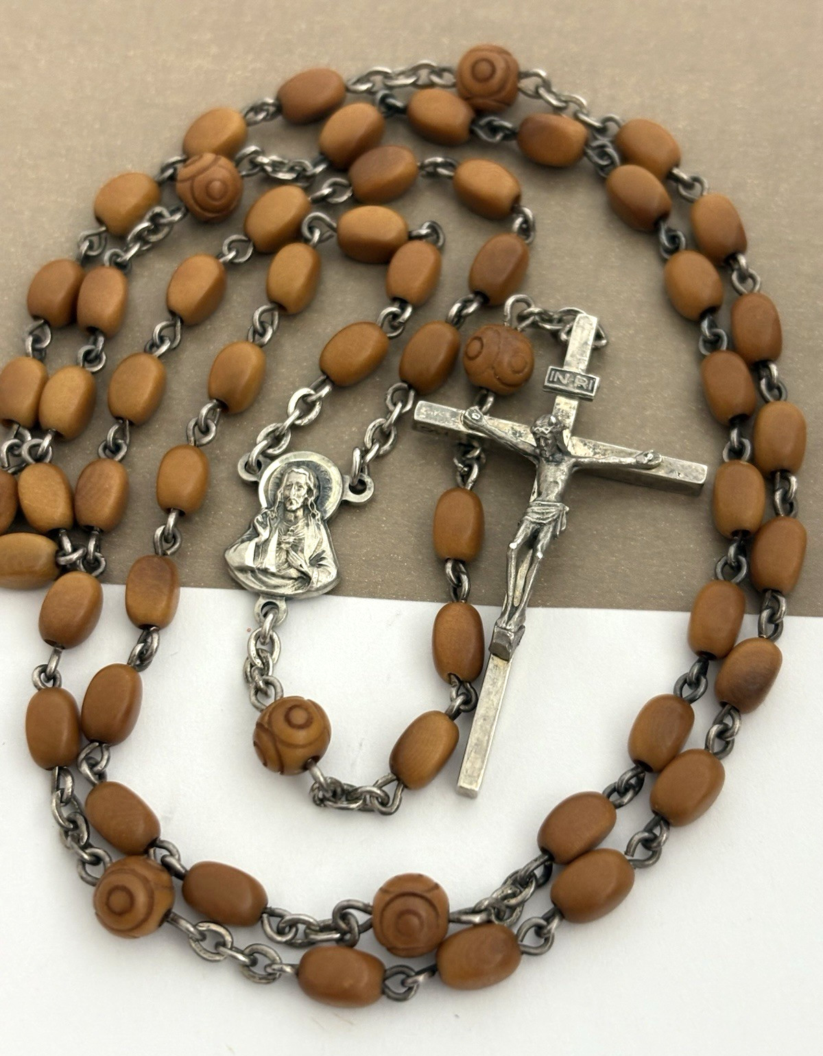 Antique Vintage Sterling Silver 925 ITALY Catholic Rosary Carved Beads Necklace