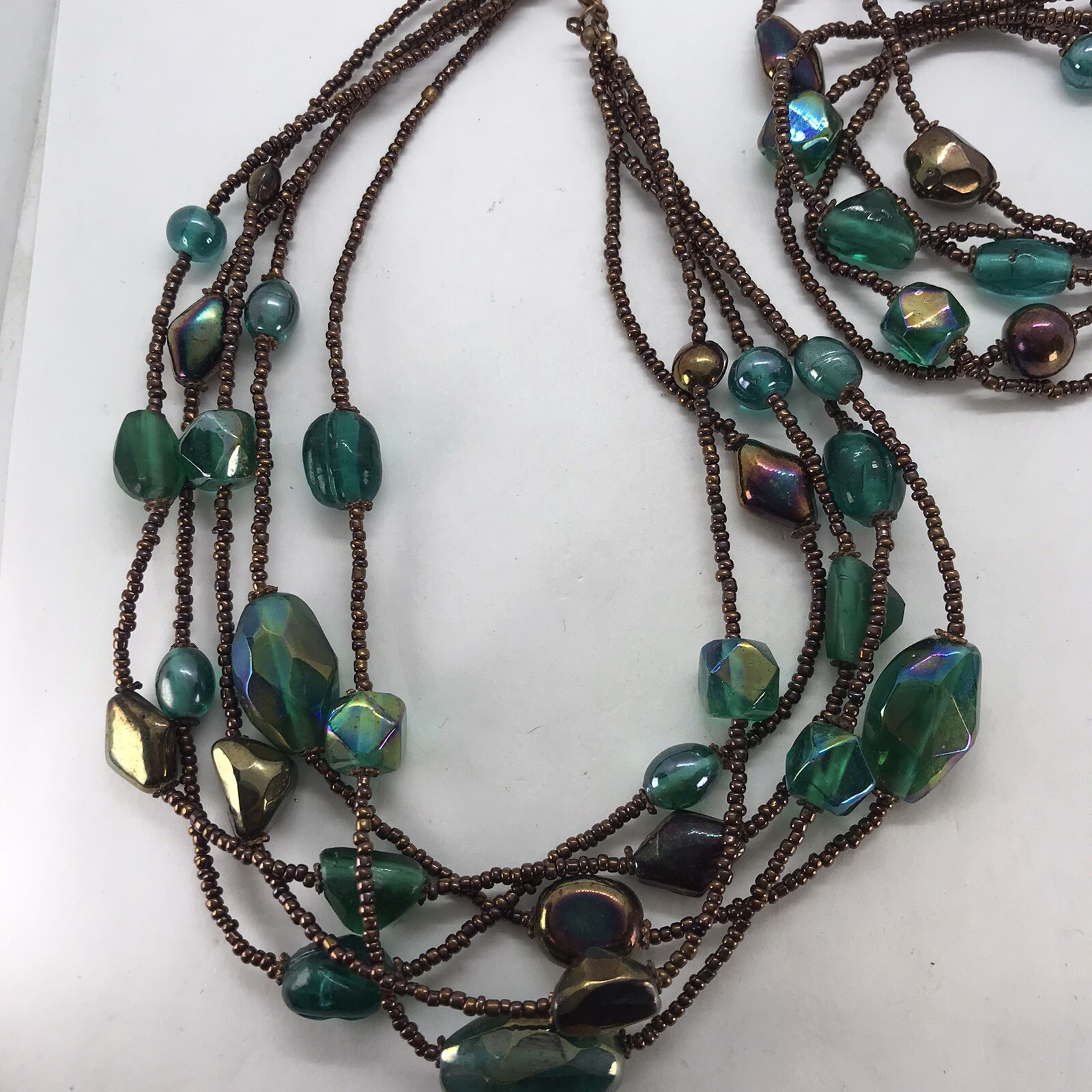 Vintage Artisan Glass Bead Necklace Multi strand with matching stretch bracelets