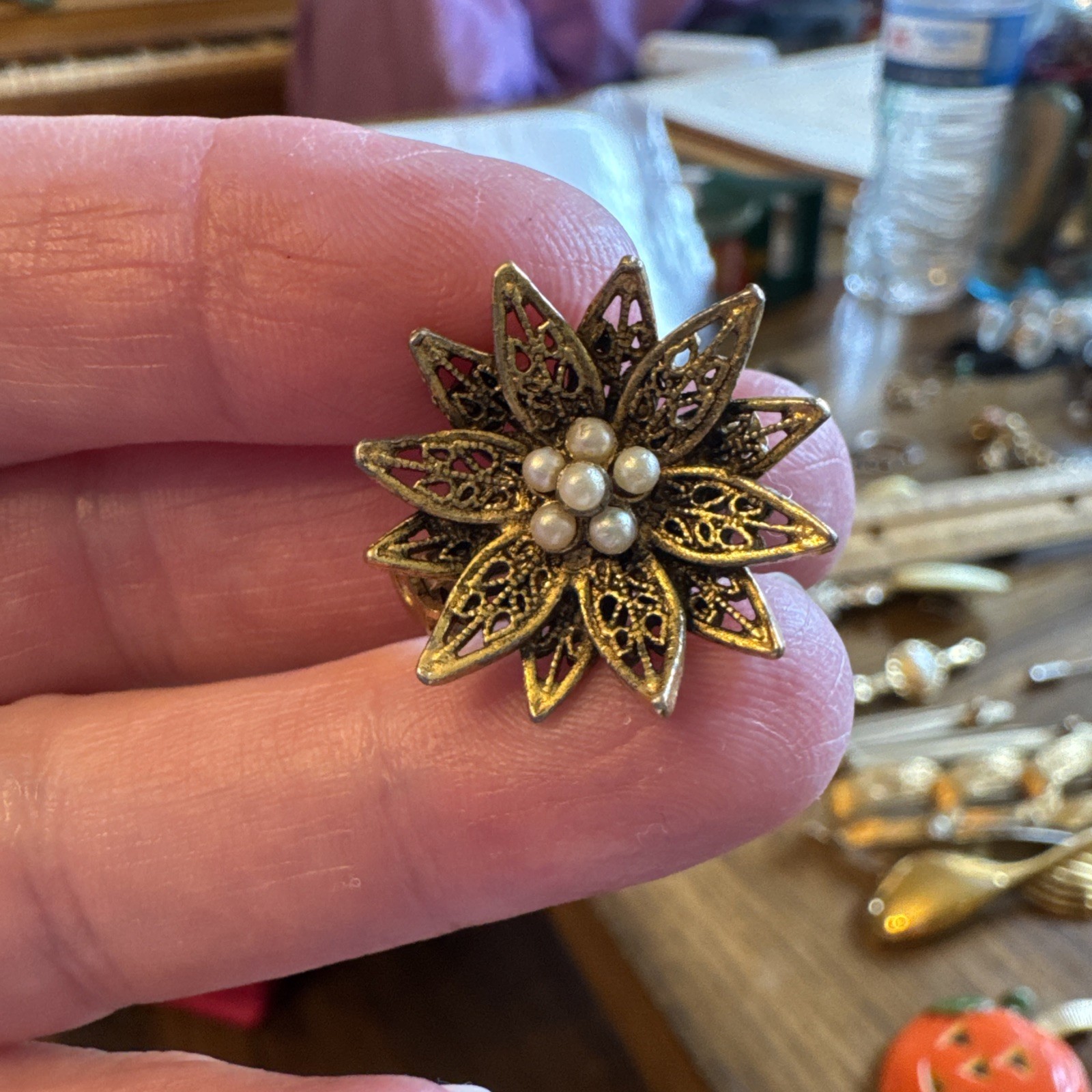 Vintage Tacoa Gold Toned Flower Pearl Brooch Signed Dainty Lapel Pin Old Money