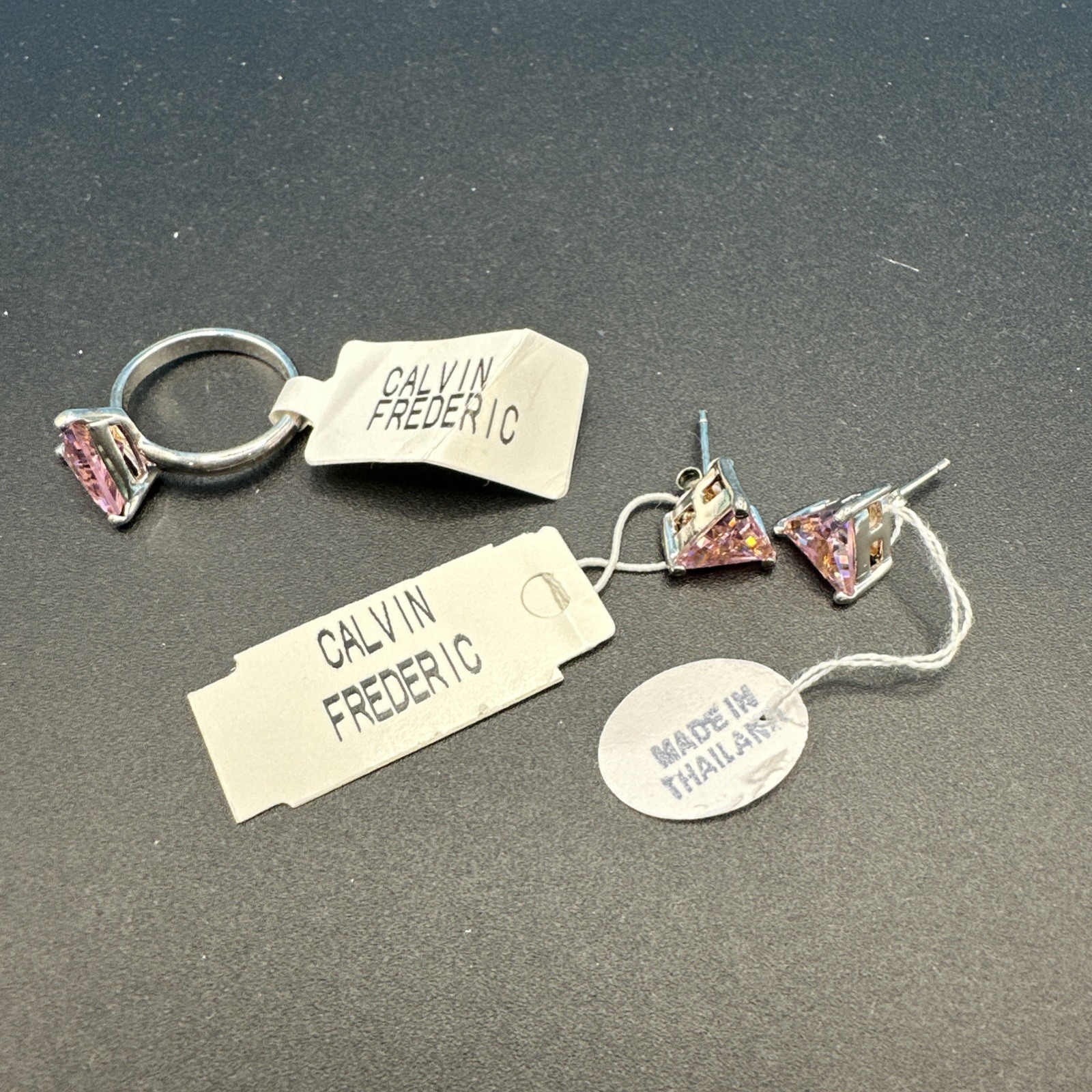 Suzanne Somers 925 Silver Trillion Cut Pink CZ Stud Earrings & Ring Size 7 Set