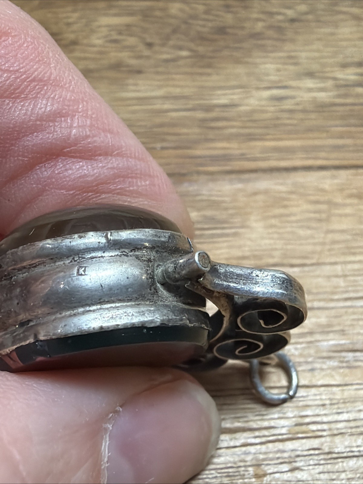 Antique Silver Reverse Glass Painting Equestrian Bloodstone Swivel Fob Pendant