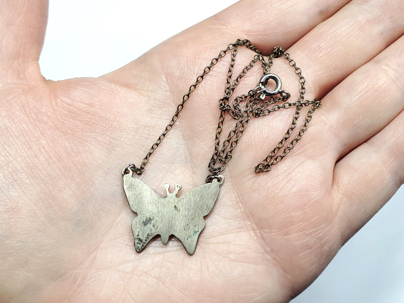 Vintage Butterfly Silver Turquoise Coral Chip Inlay Enamel Pendant Necklace