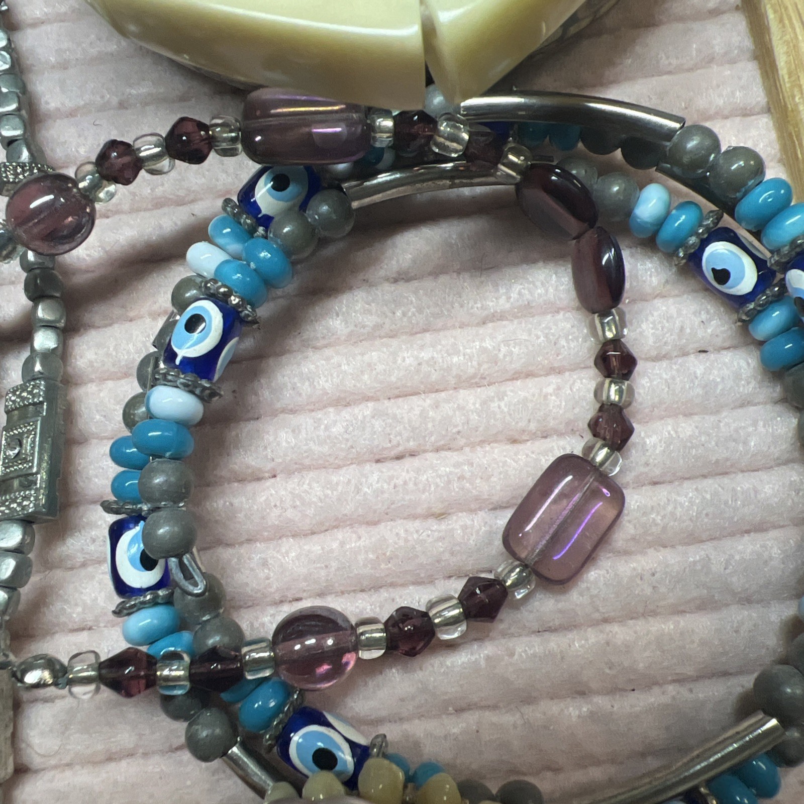 BOHO Vintage Jewelry Lot. Real Shell, Bone And Wood Bracelets, Glass Rings #V37