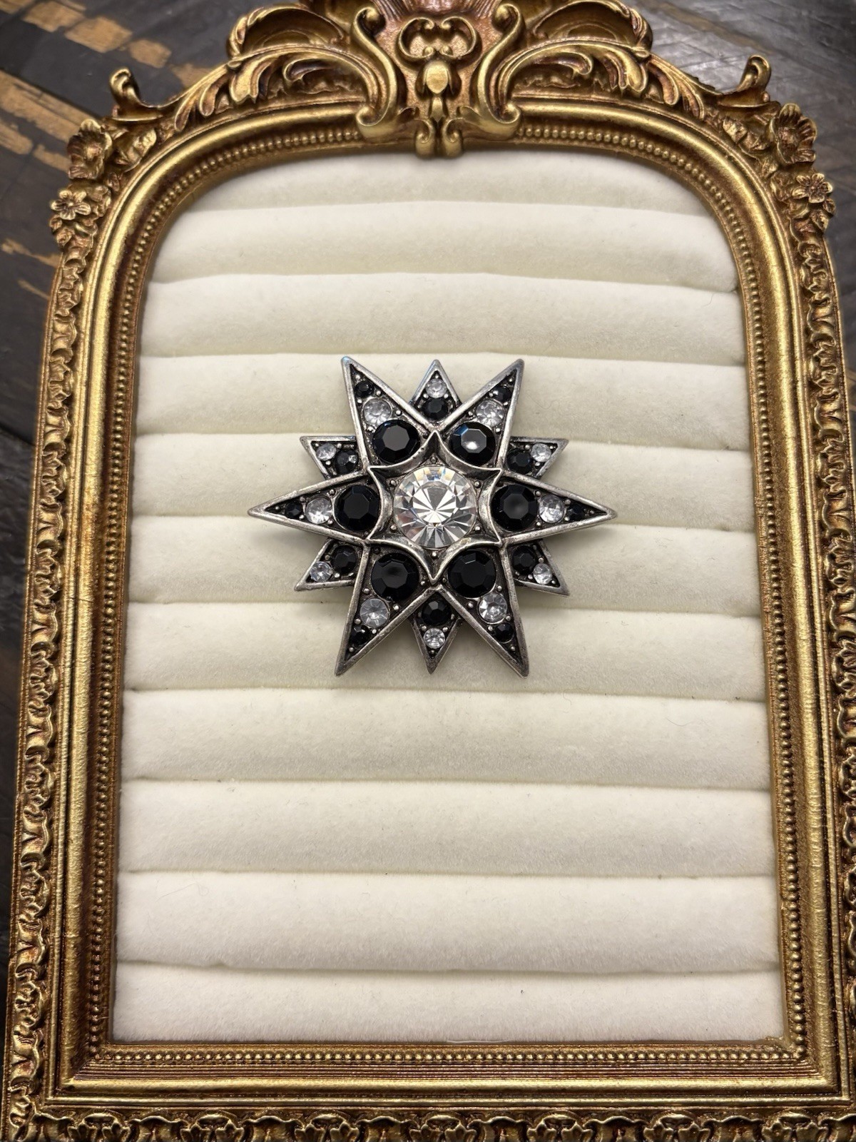 Vintage Silver Tone Starburst Brooch Pin Black Clear Rhinestones Victorian Goth