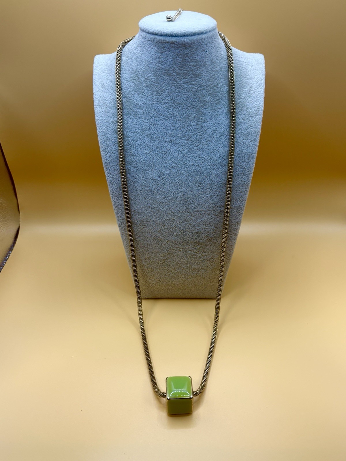 Vintage Modernist MCM Gold Tone Mesh Chain Lime Green Enamel Cube Necklace 32”