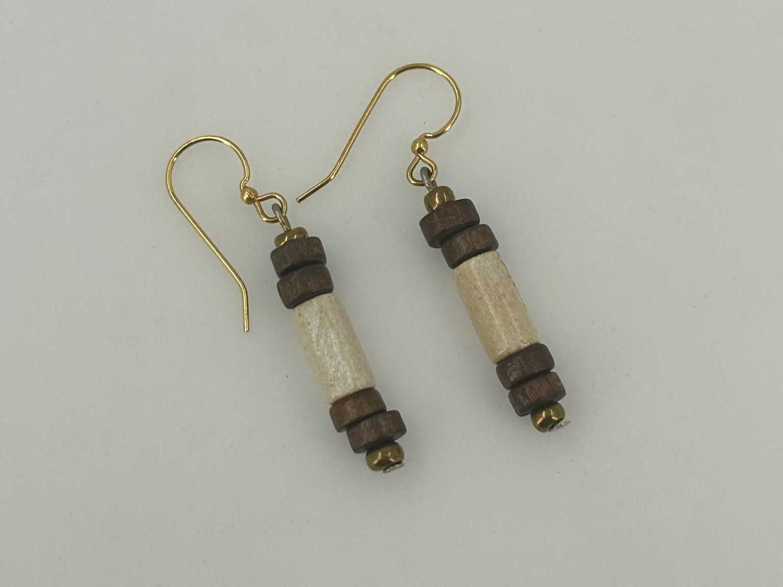 Dangle Drop Beaded Earrings Gold Tone 2″ Long Wood Ceramic Bone Tribal Handmade